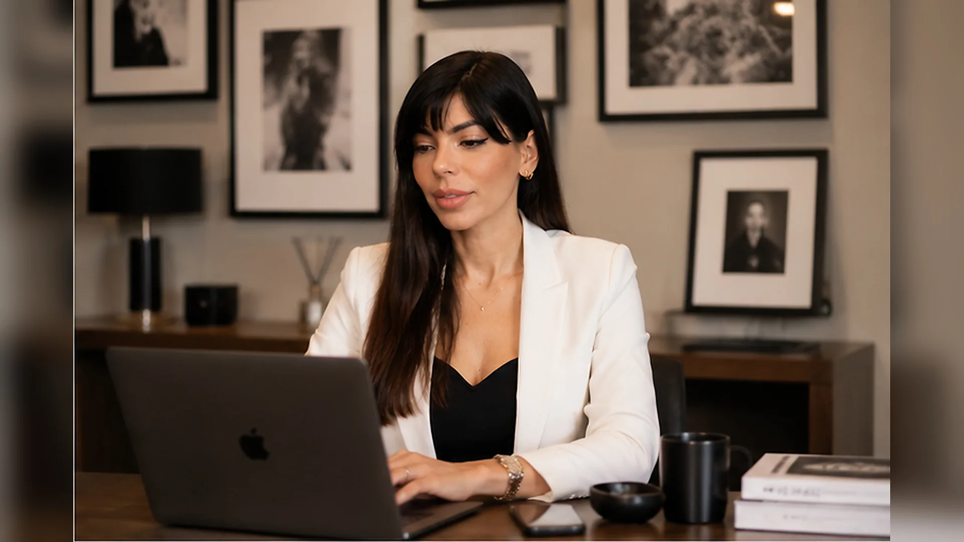 Rima Iskandarani planning an event at a desk in a white blazer, working on a laptop