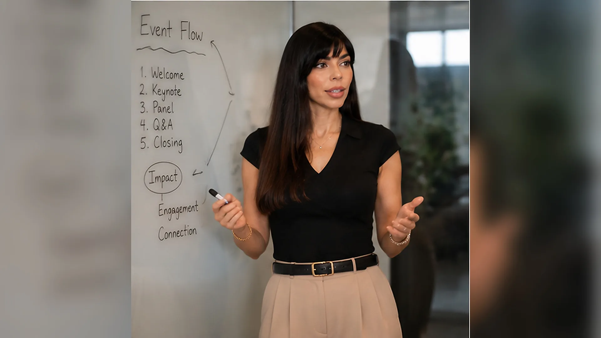 Rima Iskandarani mapping out an event run of show on a whiteboard, outlining the program flow