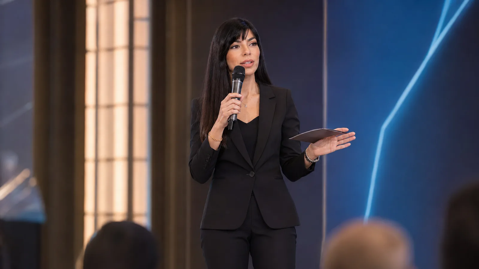 Rima Iskandarani in a bilingual stage hosting setting, holding a microphone and cue cards