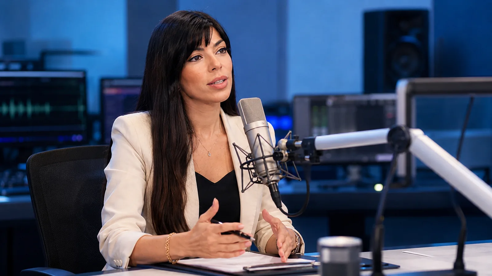 Rima Iskandarani in a professional broadcast studio setting, speaking into a radio microphone