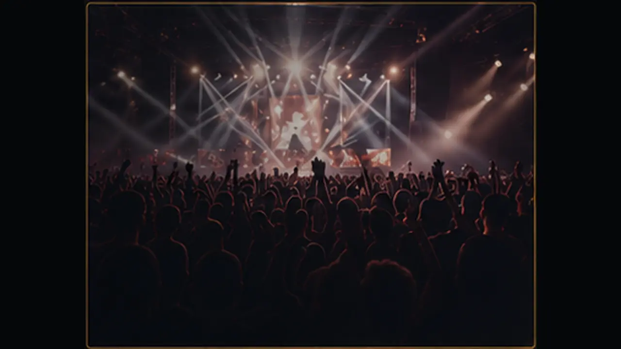 Concert crowd before a bright festival stage