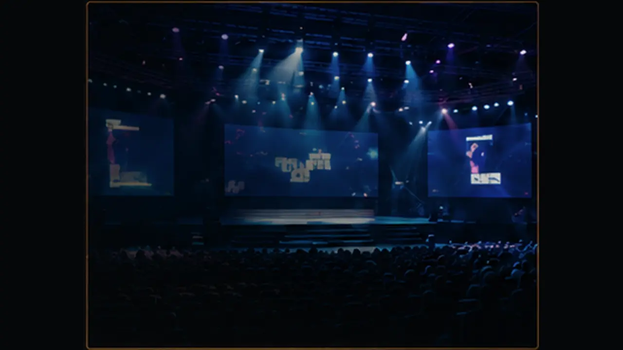 Technology conference main stage with large screens
