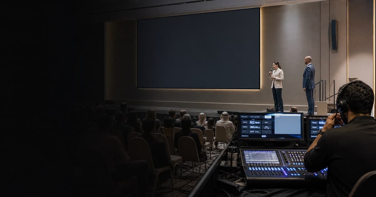 Blank keynote screen as a host addresses the audience while an AV operator works at the production console