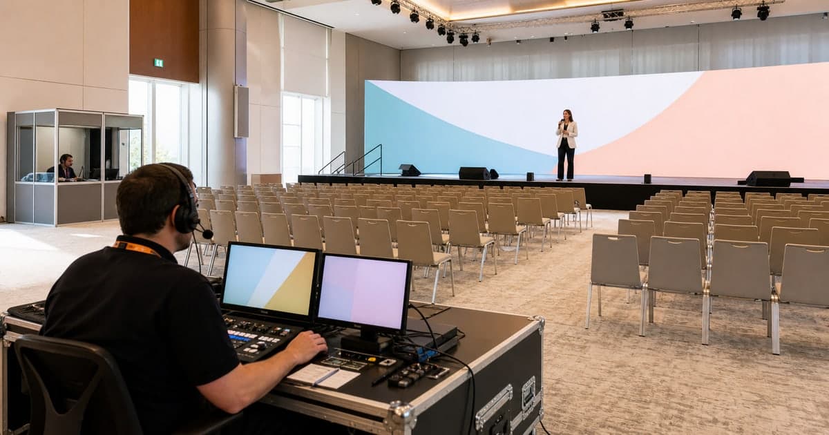 Host, producer, and language-support team rehearsing one bilingual UAE event programme