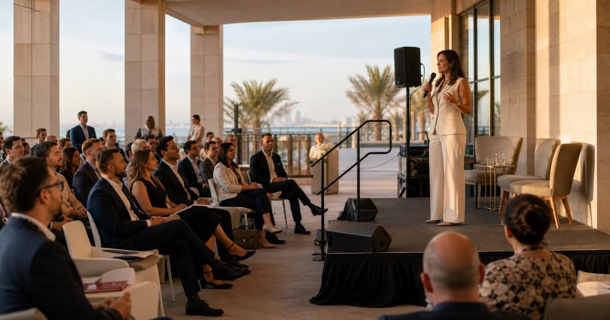 Event host addressing guests at an open-air Dubai business forum