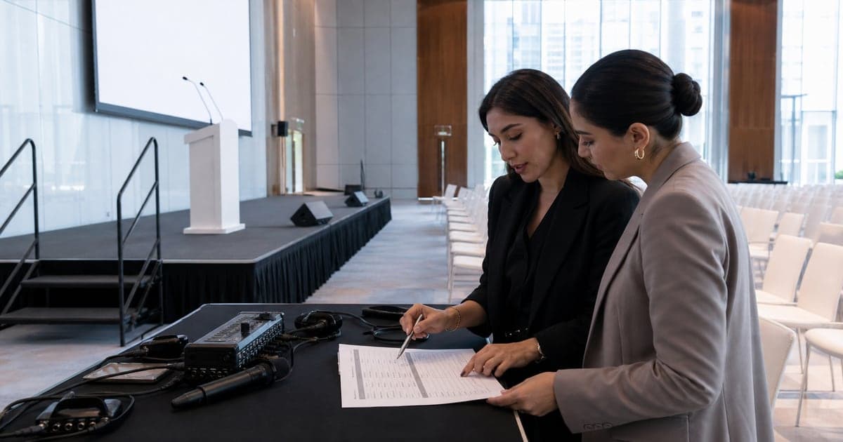 Event planner and MC reviewing a conference run of show beside the stage in Dubai.