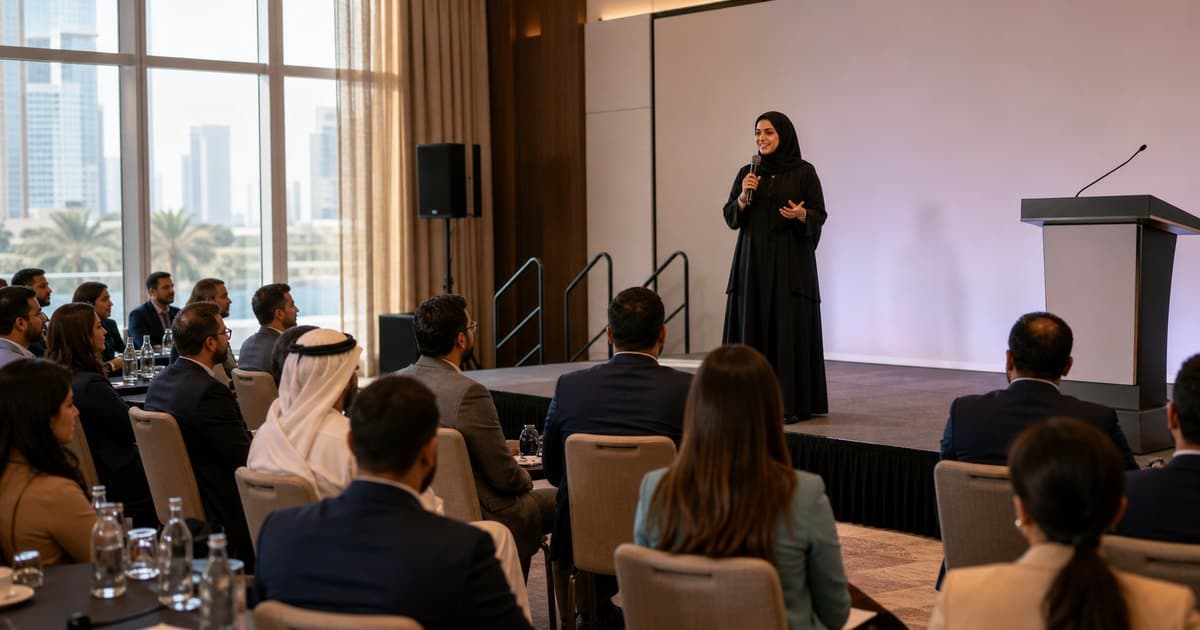 Event MC delivering a welcome speech to a corporate audience in a bright Dubai ballroom.