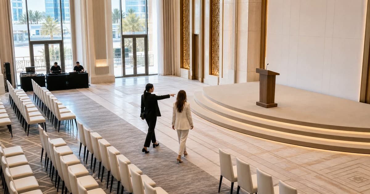 MC and protocol lead rehearsing the approved stage route in a formal Dubai event hall