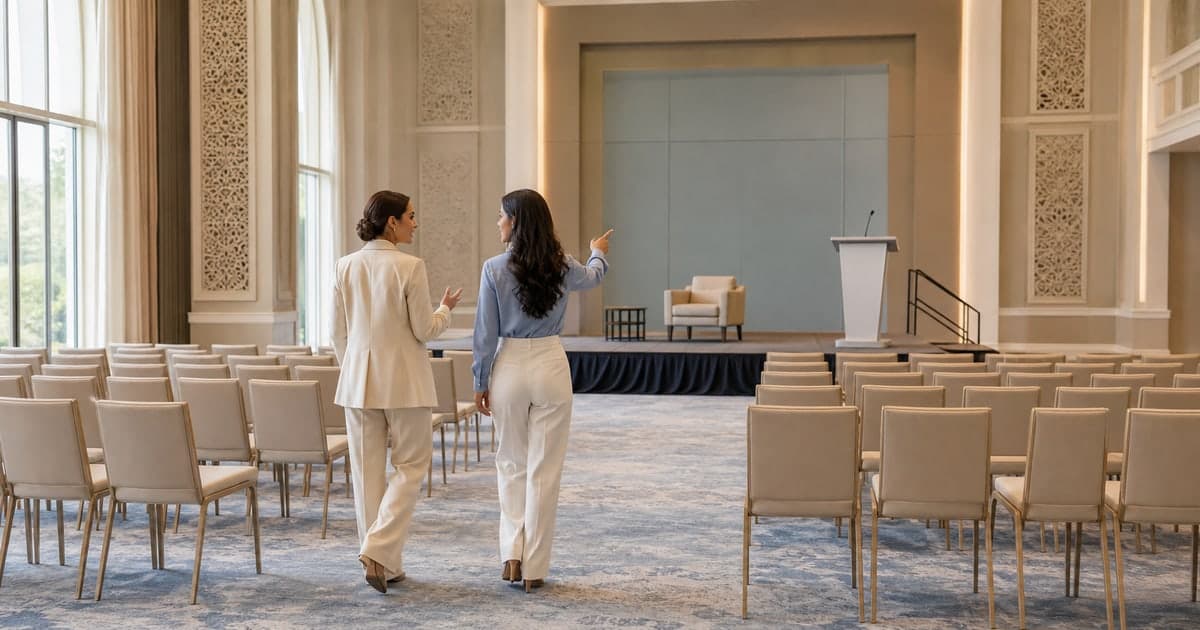 Planner and event MC assessing a Dubai ballroom before the programme is finalised