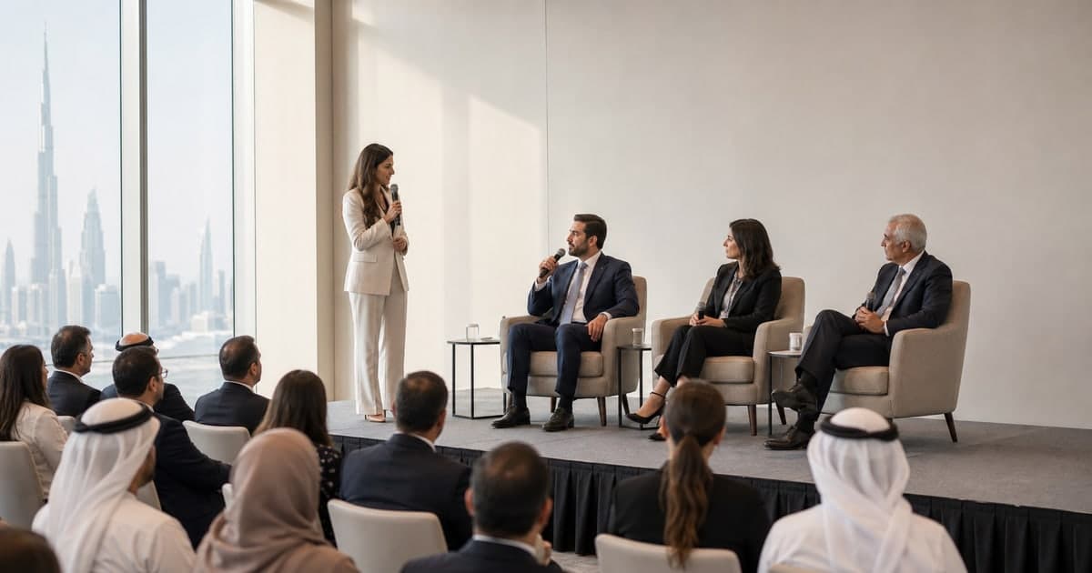 Corporate event MC moderating a panel for an attentive Dubai conference audience