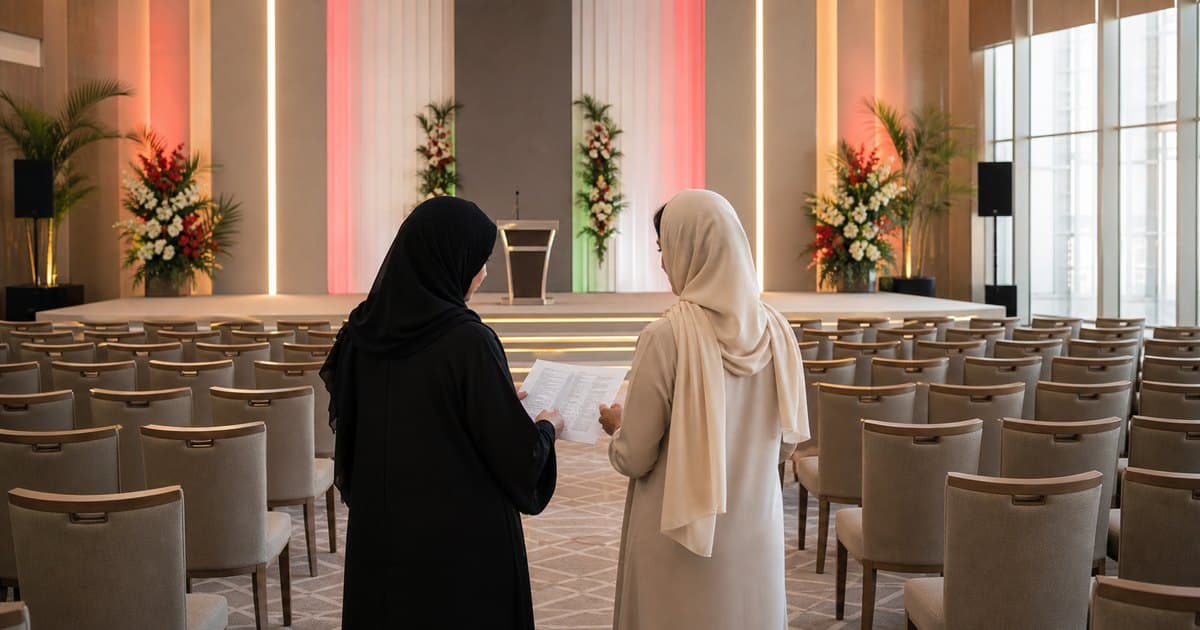 Bilingual event MC reviewing the run of show before a UAE National Day ceremony in Dubai.