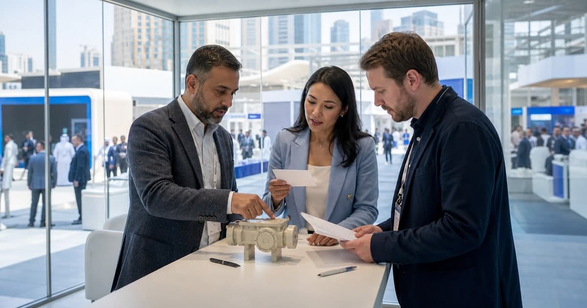 Event MC reviewing a technical model with a specialist and producer before an expo session