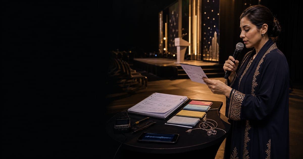 Event MC rehearsing abstract pronunciation cards beside an empty awards stage