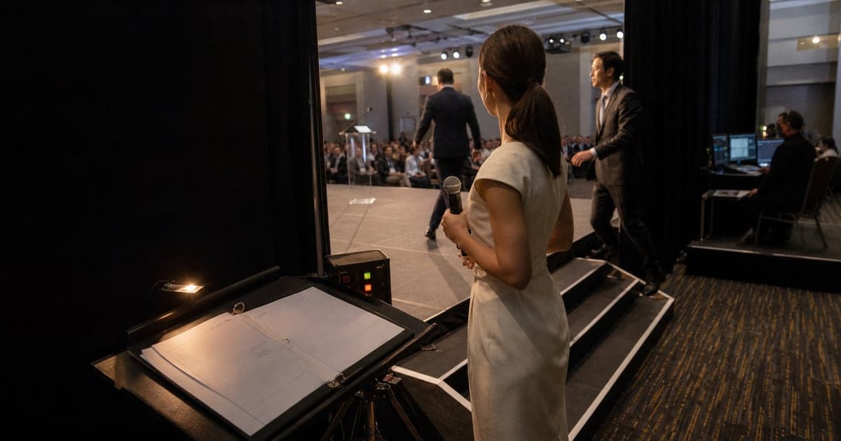 Event MC waiting at the stage wing with a run sheet as speakers transition on stage