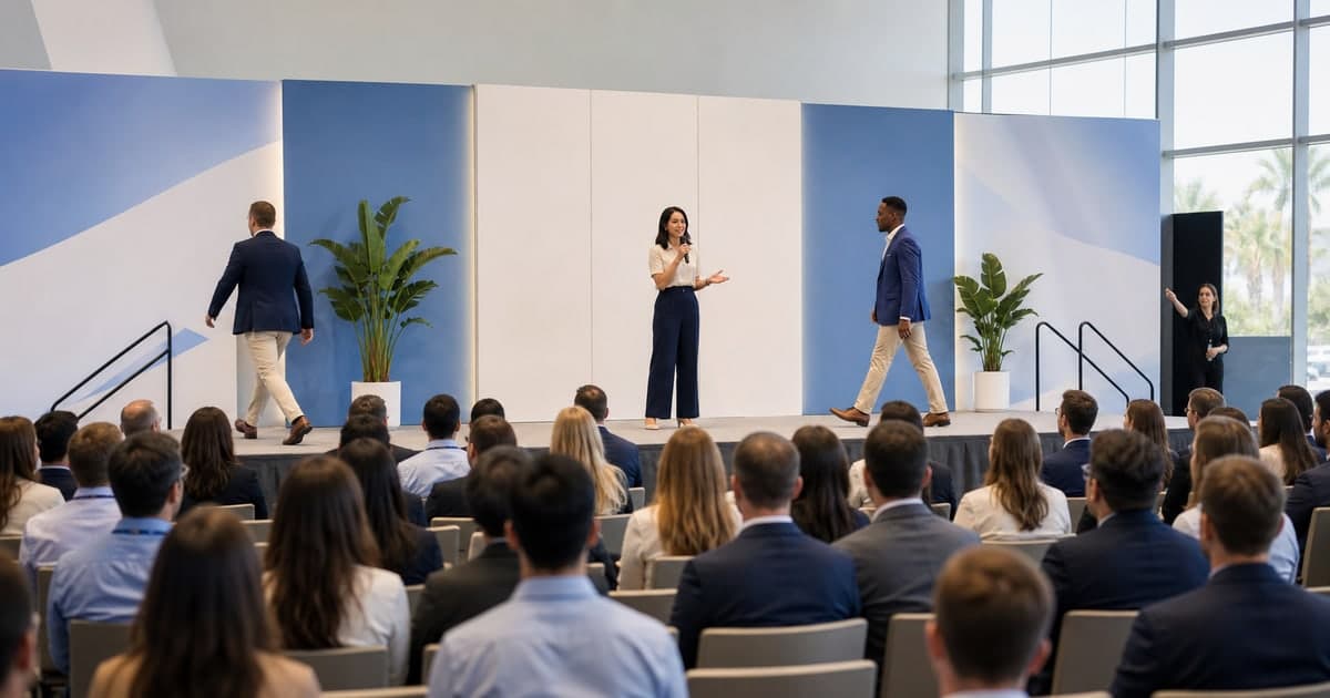 Event MC bridging a fast speaker change while the next guest approaches the stage